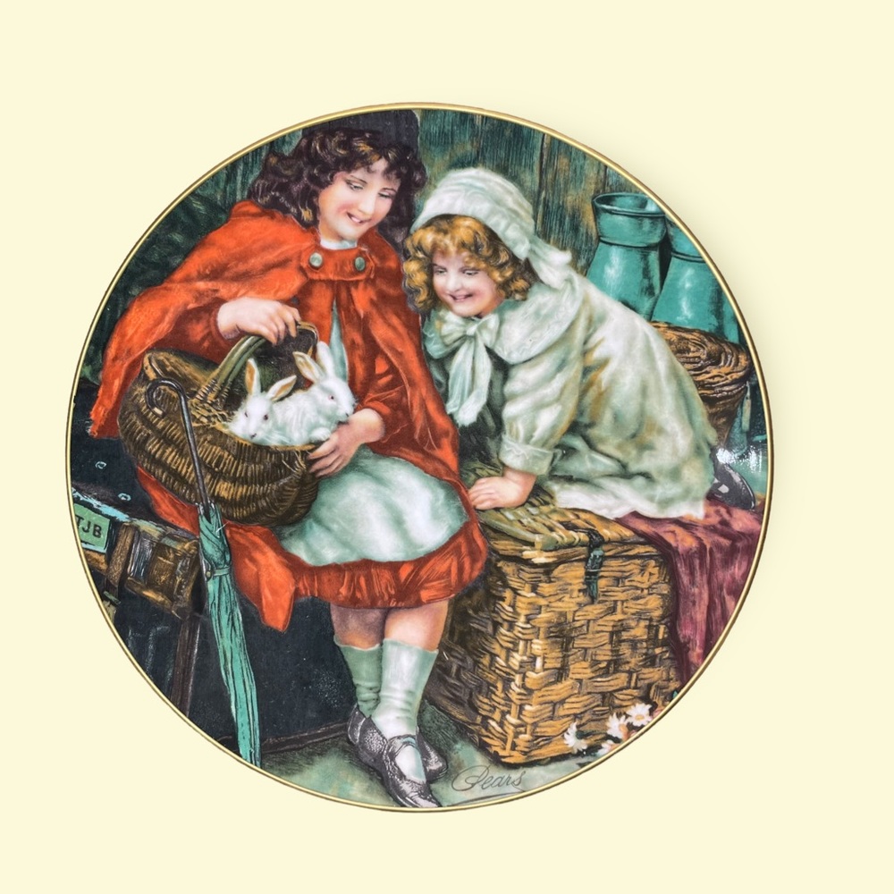 Pears Soap Promotional Plate Artwork Sheridan Knowles Girls w/ Bunnies Pets Red